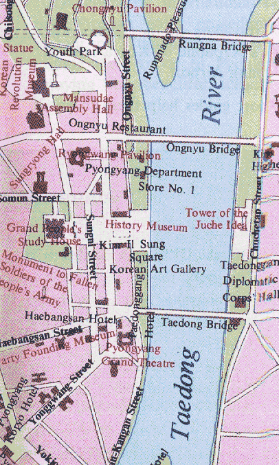 Karte: Zentraler Bereich von Pyongyang am Taedong-Fluss